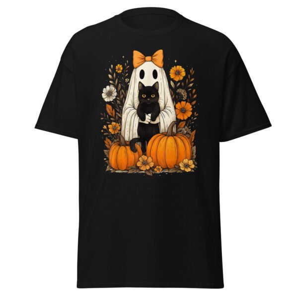 Vintage Halloween Ghost Holding Black Cat Groovy Floral T-Shirt
